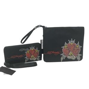 Ed Hardy Long Zip Around Wallet & Cosmetic Bag Set (2) NWT